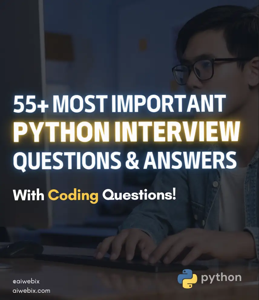Cover of the AiWebiX 55+ Important Python Interview Questions and Answers PDF